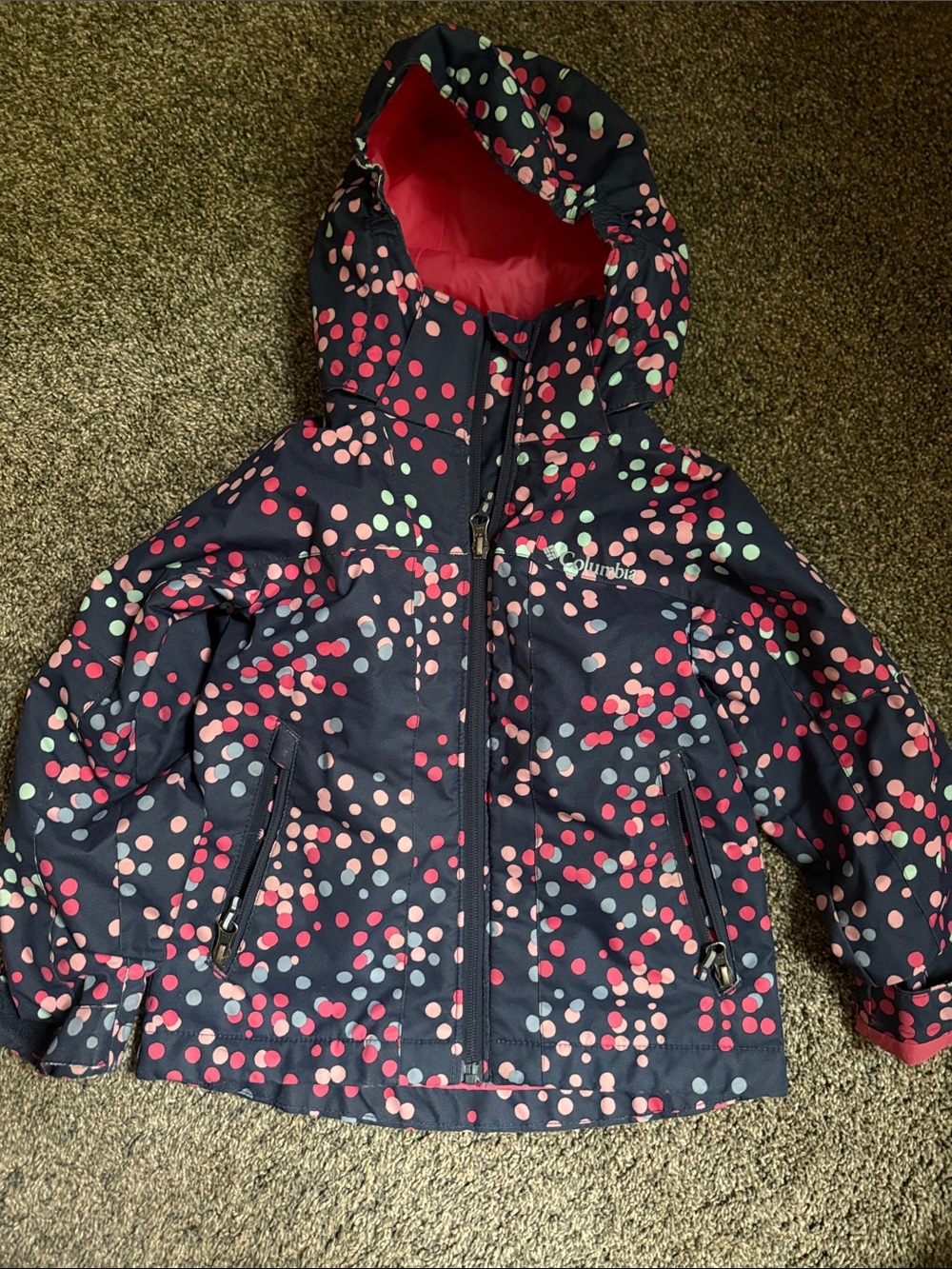 Columbia Sportswear Navy Dot Hooded Raincoat with Pink & Mint Accents